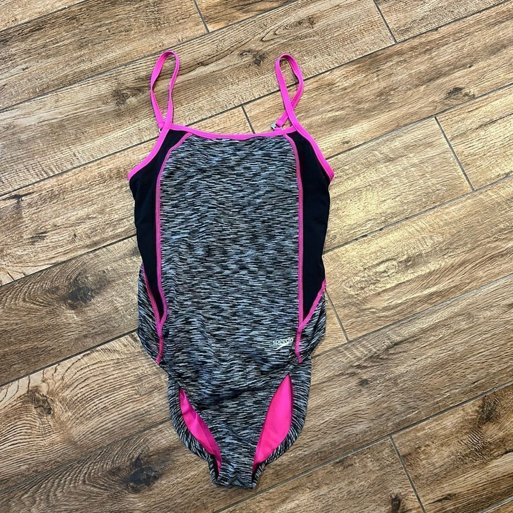 Speedo Gray Heather One-Piece Swimsuit with Pink Trim